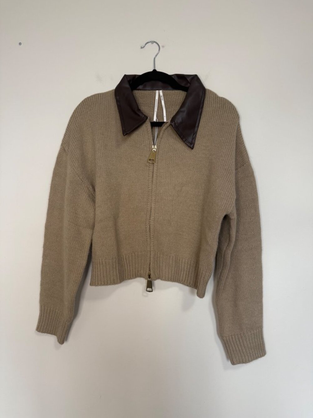 By Anthropologie Faux Leather Mixed Zip Cardigan Sweater Camel Black Medium - Picture 2 of 9
